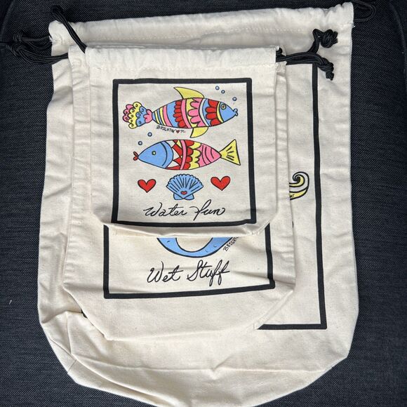 BRIGHTON NEW 3pc Canvas Drawstring Travel Bag Set Storage Logo Fish Sun Mermaid - Picture 1 of 7